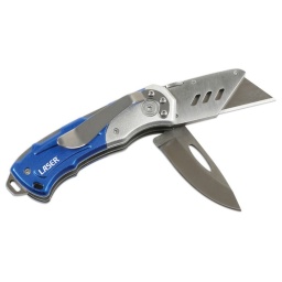 Couteau double lames de mécanicien bleu Uune lame s'ouvre en tant que couteau (longueur 160mm) et l'autre en tant que cutter Manche en Aluminium léger et résistant.  Système de blocage des 2 lames  Fabrication en inox 420  Lame de rechanges disponible sous les ref 5677 (100 pcs) et 0973 (10 pcs)
