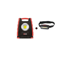 ot d'un projecteur mobile à LED 30W et d'une lampe frontale
Projecteur LED rechargeable 30 W 3000 Lm sur pied rotatif aimanté et inclinable à 120°
Lampe frontale LED rechargeable 2 W 220 Lm inclinable sur 6 positions avec allumage par détection de mouvement