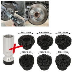 Disques à poncer spéciaux pour nettoyer les moyeux de roues et disques de freins
Adapté à tous les véhicules avec moyeux de roue de Ø 50 mm à Ø 60 mm
Plateau de ponçage avec filetage extérieur de 36 mm pour la fixation sur la meuleuse de moyeu de roue
Meuleuse de moyeu de roue avec embout 1/2’’
À utiliser avec une visseuse à percussion
Sans étincelle
Faible usure - permet de faire jusqu'à 50 véhicules par disque
Evitez une falsification du couple de serrage en gardant un moyeu de roue propre
Dégagement de poussière minime grâce à la forme et à la composition du disque