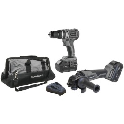 Pack Meuleuse 125+Perceuse Percu 60+Grand Sac +Chargeur+2 Batteries 4ah
Composé de: 
- 1 meuleuse d'angle brushless réf. 50506 
- 1 perceuse visseuse à percussion brushless 20V 60Nm réf. 50504 
- 1 sac porte-outils textile 52,8L réf. 50800 
- 1 chargeur rapide 3,5A réf. 50519 
- 2 batteries Li-ion 20V 4Ah réf. 50516