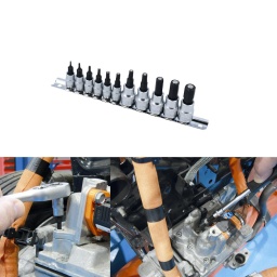 Jeu de 11 douilles à embouts 6 pans, chacune dotée d'un insert magnétique pour maintenir fermement la fixation, dans des tailles de 1,5 mm à 12 mm. 
Les embouts sont en acier S2 de qualité impact et les douilles sont en acier au chrome-vanadium avec fini chromé satiné. 
Fournis sur rail pour un rangement facile.

Embouts de douilles à carré de 1/4" : 1,5, 2, 2,5, 3, 4 et 4,5 mm. Longueur : 37 mm.
Embouts de douilles à carré de 3/8" : 5, 6, 8, 10 et 12 mm. Longueur : 48 mm.
Douilles en chrome-vanadium à fini satiné, embouts en acier S2 de qualité impact.
Fourni sur rail, pour un rangement facile.
Également disponible, jeu de douilles et embouts magnétiques étoile (référence 8898), jeu de douilles et embouts magnétiques cannelés (référence 8923).