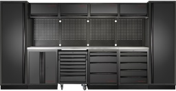 Avec le KRAFTWERK MOBILIO BLACK 6er combinaison, vous créez de l'ordre et de la structure dans votre atelier. 
Ce chariot d'atelier polyvalent vous offre une combinaison réfléchie de tiroirs, d'armoires et d'une surface de travail stable. 
Le design réfléchi des modules, des armoires hautes aux éléments de tiroirs, rend votre atelier non seulement clair, mais aussi efficace.

Une diversité maximale de rangement pour chaque outil
Que ce soit pour de petits outils ou des machines plus grandes, le KRAFTWERK MOBILIO BLACK vous offre avec ses neuf tiroirs et sept armoires une solution de rangement optimale. 
Deux armoires hautes avec chacune une porte et quatre étagères créent de la place pour du matériel encombrant, tandis que le chariot d'atelier sous-vasque avec sept tiroirs à roulement à billes vous permet d'accéder facilement à vos outils les plus utilisés. 
Grâce au verrouillage central, vous avez non seulement tout en sécurité, mais aussi à portée de main à tout moment.

Flexibilité et extensibilité pour des besoins individuels
Un point fort du KRAFTWERK MOBILIO BLACK est sa flexibilité. 
La construction autonome ne nécessite aucun montage supplémentaire et peut être placée exactement là où vous en avez besoin. 
Avec ses dimensions L 3920 x H 2000 x P 488 mm, elle offre suffisamment d'espace. 
Chaque module peut être commandé séparément, vous permettant d'élargir et d'adapter votre atelier progressivement. 
Le panneau perforé carré avec passages de câbles intégrés assure également un rangement professionnel des outils et accessoires – tout est toujours à portée de main et bien organisé.

Plan de travail robuste et finition de haute qualité
Le plan de travail en acier inoxydable 430 est non seulement stable, mais aussi particulièrement résistant aux sollicitations quotidiennes. 
Qu'il soit utilisé comme surface de rangement ou comme établi, il vous offre suffisamment d'espace pour tous les travaux. 
Les tiroirs et armoires du KRAFTWERK MOBILIO BLACK sont de haute qualité et conçus pour durer. 
Grâce à la suspension à gaz des armoires supérieures, vous avez un accès particulièrement facile à tous les contenus, tandis que les tiroirs à roulement à billes de différentes hauteurs sont idéalement adaptés aux besoins quotidiens.

Vos outils toujours en vue et bien triés
Grâce aux quatre panneaux perforés carrés, vous avez toujours vos outils bien triés. 
Les perforations vous permettent d'utiliser un large éventail d'accessoires, de sorte que vous pouvez facilement fixer des crochets, des supports et d'autres accessoires d'outils. 
Cela permet à votre atelier de rester toujours rangé, et vous avez tout rapidement à portée de main.

Avec le KRAFTWERK MOBILIO BLACK 6er combinaison, vous obtenez une solution flexible, extensible et professionnelle pour votre atelier.