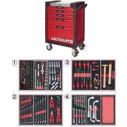 Servante d'atelier 7 tiroirs Ultimate
- Composition 173 outils
Tiroir 1 : Douille 1/4 - douille 1/2 - douille longue 1/2
Tiroir 2: clés mixte et pinces
Tiroir 3 : Tournevis - martellerie
Tiroir 4 : clé à pipe et module de rangement
la servante d'atelier kstools. série ultimate. est le modèle de desserte d'atelier. le plus haut de gamme  de la marque. ks tools. 
les tiroirs de la servante d'atelier ultimate, possedent un système de glissière à roulements à billes (résistance 45kg). Equipé du système "one by one"., ouverture d'un seul tiroir a la fois, vous pouvez deplacer votre servante d'atelier sans forcement l'a fermer a clé !
Les tiroirs de cette servante ont une grande capacité. 40cm de profondeur par 57cm de largeur, tout les tiroirs de cette servante d'atelier sont fournis avec un tapis mousse, a installer au fond. 
Le plan de travail des servantes d'atelier Ultimate est recouvert d'un plateau inox et de boitier "range visserie" sur les cotés,
Au niveau du chassis, les pans de cette servante d'atelier sont perfores, se qui vous permet l'instalation de nombreuses options. tel que. un dérouleur de papier, des crochets de fixations...
Cette gamme  de servante d'atelier repond parfaitement au rangement pour le mécanicien, carrossier, mais aussi pour les métiers de l'industrie (rangement d'outils de tours / fraiseuse...) ainsi que des domaines tel que le medical. l'aéronotique...
- construction a pans coupés renforçant la structure du bati
- système "one by one" antibasculement 
- panneau lateral déporté et pré-percé pour fixation de crochet et accessoires
- 2 roues fixes grand diamètre pour une meilleure stabilite et un déplacement aise sur tous types de sols
- 2 roues pivotantes avec système de freinage total
- plan de travail avec rangements et recouvert inox
- tiroirs sur glissieres à billes extra-resistant (45 kg par tiroir)
- tiroirs à ouverture totale
- fermeture totale et simultanee des tiroirs par serrure 
- poignée tubulaire de manutention
- finition "Ultimate"
Composition :
Module 54 pièces douilles et accessoires 1/4’’ ref : 713.1020  
- Cliquet réversible 72 dents
- 1x Poignée emmanchée 1/4’’
- 2x Rallonges 1/4’’ : L. 50 mm et L. 100 mm
- 1x Rallonge flexible : L. 150 mm
- 1x Poignée coulissante T : L. 115 mm
- 1x Cardan universel 1/4"
- 13x Douilles 1/4’’ : 4 - 4,5 - 5 - 5,5 - 6 - 7 - 8 - 9 - 10 - 11 - 12 - 13 - 14 mm
- 8x Douille longue 1/4" : 6 - 7 - 8 - 9 - 10 - 11 - 12 - 13
- 1x Porte embout 1/4" 
- 3x Embouts de vissage Fente 4 - 5,5 - 8 mm 
- 3x Embouts de vissage PHILLIPS® PH 1 - PH 2 - PH3 
- 2x Embouts de vissage POZIDRIV® PZ 1 - PZ 2 
- 6x Embouts de vissage 6 pans : 3 - 4 - 5 - 6 - 7 - 8  mm
- 7x Embouts de vissage TORX® profil E T10 - T15 - T20 - T25 - T27 - T30 - T40
​- 4x Embouts de vissage 12 pans : M4 - M5 - M6 - M8 
Module de douilles et accessoires ULTIMATE 1/2'' , 24 pièces ref : 713.1024  
- 1 x Cliquet réversible 72 dents
- 2 x Rallonges : 125 - 250 mm
- 1 x Cadran universel 1/2"
- 1 x Bague coulissante 3/8" x 1/2"
- 17 x Douilles : 10 - 11 - 12 - 13 - 14 - 15 - 16 - 17 - 18 - 19 - 20 - 21 - 22 - 24 - 27 - 30 - 32 mm
- 2 x Douilles longues : 16 - 21 mm
Module de douilles longues et accessoires 1/2",  17 pièces ref : 713.1026   
- 1 x Rallonge : 125 mm
- 2 x Rallonges à verrouillage : 75 - 250 mm
- 10 x Douilles : 10 - 11 - 12 - 13 - 15 - 17 - 19 - 22 - 24 - 27 mm
- 4 x Douilles 6 pans : 14 - 16 - 18 - 21 mm
Module de clés mixtes ULTIMATE, 17 pièces ref : 713.2017   
- 17 x Clés mixtes : 6 - 7 - 8 - 9 - 10 - 11 - 12 - 13 - 14 - 15 - 16 - 17 - 18 - 19 - 20 - 21 - 22 mm
Module de clés mixtes ULTIMATE, 5 pièces ref : 713.2015   
- 5 x Clés mixtes : 24 - 27 - 29 - 30 - 32 mm
Module de pinces, 4 pièces ref : 713.4014  
- 1 x Pince coupante diagonale : L. 160 mm
- 1 x Pince universelle : L. 180 mm
- 1 x Pince à bec demi-rond : L. 200 mm
- 1 x Pince multiprises à verrouillage : L. 250 mm
Module de vissage, 28 pièces ref : 712.5028   
- 1 x Tournevis ULTIMATE tom pouce Fente : 6,5 mm
- 3 x Tournevis ULTIMATE Fente : 3,5 - 5,5 - 8 mm
- 1 x Tournevis ULTIMATE tom pouce PHILLIPS : PH2
- 3 x Tournevis ULTIMATE PHILLIPS : PH1 - PH2 - PH3
- 1 x Tournevis ULTIMATE tom pouce PROZIDRIV : PZ2
- 3 x Tournevis ULTIMATE PROZIDRIV : PZ1 - PZ2 - PZ3
- 1 x Jeu de clés mâles 6 pans à tête sphérique longues : 2 - 2,5 - 3 - 4 - 5 - 6 - 8 - 10 mm
- 1 x Jeu de clés mâles TORX longues : T10 - T15 - T20 - T25 - T30 - T40 - T45 - T50
Module d'outils de frappe manche bois, 9 pièces ref : 713.1101  
- 1 x Burin de carossier extra-plat : 250 mm
- 6 x Chasse goupilles brunis : 3 - 4 - 5 - 6 - 10 mm
- 1 x Marteau rivoir : 600g
- 1 x Maillet à embouts plastique interchangeables : 340g
Module de clés à pipe débouchées - 6 pans, 4 pièces ref : 713.4004  
- 4 x Clés à pipe débouchées : 21 - 22 - 24 - 27 mm
Module de clés à pipe débouchées - 6 pans, 11 pièces ref : 713.2011  
- 11 x Clés à pipe débouchées : 8 - 10 - 11 - 12 - 13 - 14 - 15 - 16 - 17 - 18 - 19 mm
Module vide 1/3 - 1 compartiment  ref : 713.1300 
- poids 57kg
- dimension hors tout : l678xl459xh859 (hauteur avec roues 1035mm 
- roue dia 125mm larg 50mm 