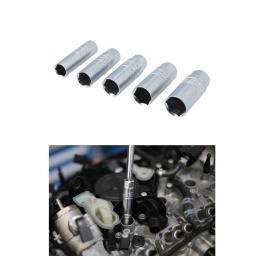 Un jeu de 5 douilles à paroi très mince pour bougies d'allumage conçues pour entrer dans les logements étroits de bougies d'allumage souvent rencontrés sur les véhicules modernes. En acier au chrome-vanadium pour la robustesse et la durabilité, elles sont également dotées d'un insert en caoutchouc qui permet de saisir les bougies en toute sécurité.

Douilles à paroi mince pour bougies d'allumage, dimensions : 14 mm (dia. ext. 18,8 mm), 16 mm (dia. ext. 20,8 mm), 18 mm (dia. ext. 23,9 mm), 19 mm (dia. ext. 24,8 mm), 21 mm (dia. ext. 26,8 mm) x carré de 3/8".
Longueur de douilles : 65 mm x profil à 6 pans.
Avec inserts en caoutchouc pour protéger et maintenir la bougie d'allumage.
Fourni dans un coffret de rangement moulé par soufflage.
En chrome-vanadium avec fini satiné