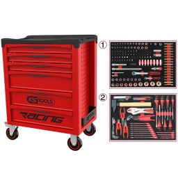 Servante racing 6 tiroirs équipée de  184 outils 
Nouveau design breveté KS tools 
Nouvelle poignée
Longueur : 680mm
Largeur: 460mm
Hauteur: 1020 avec roues, 860mm sans roues 
Douilles et accessoires:
Douilles 1/4 de 4 à 14mm
E4 à E8.
3/8: de E10à E14, 1/2: de 16 à34mm
E16 à E20
Différents embouts de vissage
Clés mixtes de 8 à 19mm
Clés mâles de 2 à 10mm
Tournevis: 4 à 8mm
PH1-PH2
Outils de frappe 
Servante: 
Plan de travail avec tapis en mousse,mensions utiles des tiroirs: 3xH55xL565xP405mm
3xH130xL565xP405mm
Poids de la servante à vide: 45kg
ref: 850.6184