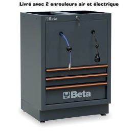 Module fixe avec 3 tiroirs et 2 bobines intégrées pour la combinaison d’équipements d’atelier C45PRO
3 tiroirs (566x406 mm) avec glissières à roulement à billes
Bases de tiroirs protégées par des tapis en caoutchouc moussé
 Serrure centralisée avant
Avec pieds réglables verticalement Livré complet avec:
1 enrouleur de tuyau d’air comprimé ou d’eau froide intégré, 8 mm, longueur 10 m, article 1900S 8x10
 1 enrouleur de câble électrique intégré, longueur 15 m, article 1844 15-H05
47 kg