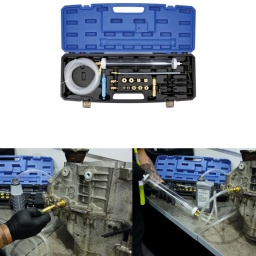 Pompe de remplissage d'huile de transmission et kit d~adaptation – pour le groupe VW
Pompe de transfert d'huile transparente de 500 ml, conçue pour permettre à l'utilisateur d'extraire l'huile d'une bouteille ou d'un bidon d'huile et de l'acheminer vers la transmission. 
La soupape interne permet à la course de traction d'extraire l'huile du bidon, et à la course de poussée d'acheminer l'huile vers la transmission. 
Fourni avec une sélection d'adaptateurs de boîte de vitesses VW. L'huile de boîte de vitesses peut être pompée dans la boîte de vitesses directement depuis le récipient d'huile à l'aide de la pompe manuelle.

Les applications comprennent : Transmissions OCK à double embrayage, OB5 à double embrayage Audi et VW. Conçu pour simplifier le changement des fluides de transmission manuelle.
Le kit comprend : 1 pompe à main, 7 adaptateurs de transmission, 3 tuyaux de remplissage coudés, 1 adaptateur de recharge DSG 7 vitesses, connecteur rapide en laiton. Kit de 17 pièces.
Le volume d'huile délivré peut être lu sur le côté de la pompe.
Équivalent des OEM VAS6617, VAS6617/12.
La pompe peut être utilisée seule pour le transfert de fluides