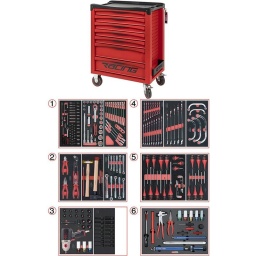 Servante ks tools Racing 7 tiroirs
Servante d'atelier avec plan de travail recouvert d'un tapis en mousse
Cette nouvelle servante d'atelier de chez ks tools. modèle racing. est une évolution de l'ancien modèle dakar édition.
En effet pour cette servante d'atelier. ks tools a utilisé ces 20 ans expérience sur l'ancien modèle. la racing est le fruit des milliers de retour d'information client. garage. carrosserie. industrie et particulier. 
Cette servante d'atelier ks tools est plus pratique gràce à ces nouveaux panneaux perforés pour accessoires. plus résistante nouveau chassis.Roue diamètre 125mm
La servante d’atelier KStools. série Racing respecte les normes de robustesse et de solidite deja reconnues sur les autres lignes de servantes d’atelier de la marque KS Tools. 
Les tiroirs de la servante d’atelier Racing possedent un systeme de roulements à billes (résistance 30kg). un système de fermeture par serrure et s’ouvre totalement pour plus de facilite dans vos rangements.
Les tiroirs de cette servante atelier ont une grande capacité. 40cm de profondeur par 57cm de largeur. tout les tiroirs de cette servante d'atelier sont fournis avec un tapis mousse a installer au fond. 
Sur son plan de travail on trouve un tapis en mousse imputrescible. sa poignée de côté et ses 4 roues robustes dont 2 directionnelles avec frein. La servante d'atelier Racing reste une reference en therme d’ergonomie. fini le désordre dans le garage. rangez vos outils. ou bien d'autre chose de manière ordonnée.
Plan de travail avec tapis en mousse
Dimensions utiles des tiroirs servante 7 tiroirs:
5 x H 55 X L 565 X P 405mm 
2X H 130 X L565 X P 405MM
Poids: 50kg
Poids maximum admissible en statique: 500kg
ref: 855.0007
Module 54 pièces douilles et accessoires 1/4’’ KS TOOLS Référence: 713.1020 
Chrome vanadium de haute qualité garantie à vie*.
- Cliquet réversible 72 dents
- 1x Poignée emmanchée 1/4’’
- 2x Rallonges 1/4’’ : L. 50 mm et L. 100 mm
- 1x Rallonge flexible : L. 150 mm
- 1x Poignée coulissante T : L. 115 mm
- 1x Cardan universel 1/4"
- 13x Douilles 1/4’’ : 4 - 4.5 - 5 - 5.5 - 6 - 7 - 8 - 9 - 10 - 11 - 12 - 13 - 14 mm
- 8x Douille longue 1/4" : 6 - 7 - 8 - 9 - 10 - 11 - 12 - 13
- 1x Porte embout 1/4" 
- 3x Embouts de vissage Fente 4 - 5.5 - 8 mm 
- 3x Embouts de vissage PHILLIPS® PH 1 - PH 2 - PH3 
- 2x Embouts de vissage POZIDRIV® PZ 1 - PZ 2 
- 6x Embouts de vissage 6 pans : 3 - 4 - 5 - 6 - 7 - 8 mm
- 7x Embouts de vissage TORX® profil E T10 - T15 - T20 - T25 - T27 - T30 - T40
​- 4x Embouts de vissage 12 pans : M4 - M5 - M6 - M8 
Module de douilles et accessoires ULTIMATE 1/2'' . 24 pièces KS TOOLS Référence : 713.1024 
- 1 x Cliquet réversible 72 dents
- 2 x Rallonges : 125 - 250 mm
- 1 x Cardan universel 1/2"
- 1 x Bague coulissante 3/8" x 1/2"
- 17 x Douilles : 10 - 11 - 12 - 13 - 14 - 15 - 16 - 17 - 18 - 19 - 20 - 21 - 22 - 24 - 27 - 30 - 32 mm
- 2 x Douilles longues : 16 - 21 mm
Module de clés mixtes à cliquet réversible GEARplus avec adaptateurs. 16 pièces KS TOOLS Référence : 713.2027 
- 12 x Clés mixtes : 8 - 9 - 10 - 11 - 12 - 13 - 14 - 15 - 16 - 17 - 18 - 19 mm
- 1 x Adaptateur pour embout de vissage : 1/4"
- 3 x Adaptateurs à verrouillage pour douilles : 1/4" - 3/8" - 1/2"
Module de clés mixtes ULTIMATE. 17 pièces KS TOOLS Référence : 713.2017 
Composition : 
- 17 x Clés mixtes : 6 - 7 - 8 - 9 - 10 - 11 - 12 - 13 - 14 - 15 - 16 - 17 - 18 - 19 - 20 - 21 - 22 mm
Module de clés mixtes ULTIMATE. 5 pièces KS TOOLS Référence : 713.2015 
- 5 x Clés mixtes : 24 - 27 - 29 - 30 - 32 mm
Module de clés polygonales demi-lunes. 5 pièces KS TOOLS Référence : 783.2005 
- 5 x Clés polygonales demi-lune : 10x12 - 11x13 - 14x17 - 16x18 - 19x22 mm
Module de pinces. 4 pièces KS TOOLS Référence : 713.4014 
- 1 x Pince coupante diagonale : L. 160 mm
- 1 x Pince universelle : L. 180 mm
- 1 x Pince à bec demi-rond : L. 200 mm
- 1 x Pince multiprises à verrouillage : L. 250 mm
Module d'outils de frappe manche bois. 9 pièces KS TOOLS Référence : 713.1101 
- 1 x Burin de carossier extra-plat : 250 mm
- 6 x Chasse goupilles brunis : 3 - 4 - 5 - 6 - 10 mm
- 1 x Marteau rivoir : 600g
- 1 x Maillet à embouts plastique interchangeables : 340g
Module de clés à pipe débouchées - 6 pans. 11 pièces KS TOOLS Référence : 713.2011 
- 11 x Clés à pipe débouchées : 8 - 10 - 11 - 12 - 13 - 14 - 15 - 16 - 17 - 18 - 19 mm 
Module de vissage. 28 pièces KS TOOLS Référence : 712.5028 
- 1 x Tournevis ULTIMATE tom pouce Fente : 6.5 mm
- 3 x Tournevis ULTIMATE Fente : 3.5 - 5.5 - 8 mm
- 1 x Tournevis ULTIMATE tom pouce PHILLIPS : PH2
- 3 x Tournevis ULTIMATE PHILLIPS : PH1 - PH2 - PH3
- 1 x Tournevis ULTIMATE tom pouce PROZIDRIV : PZ2
- 3 x Tournevis ULTIMATE POZIDRIV : PZ1 - PZ2 - PZ3
- 1 x Jeu de clés mâles 6 pans à tête sphérique longues : 2 - 2.5 - 3 - 4 - 5 - 6 - 8 - 10 mm
- 1 x Jeu de clés mâles TORX longues : T10 - T15 - T20 - T25 - T30 - T40 - T45 - T50
Module de tournevis ULTIMATE TORX. 6 pièces KS TOOLS Référence : 713.5013 
- 6 x Tournevis ULTIMATE TORX : T10 - T15 - T20 - T25 - T30 - T40 
Module de douilles et clé à chocs pneumatique 1/2''. 20 pièces KS TOOLS Référence: 712.1020 
- 1x Clé à chocs pneumatique 1/2’’ 1690Nm
- 14x douilles à choc : 12 - 13 - 14 - 15 - 16 - 17 - 18 - 19 - 21 - 22 - 24 - 27 - 30 - 32 mm
- 3x douilles à choc pour jante alu : 17 - 19 - 21 mm
- 1x rallonge à choc 1/2"
- 1x cardan à choc 125mm 
Module de douilles à chocs 1/2''. 16 pièces KS TOOLS Référence: 713.1016 
- 8 x Douilles tournevis à choc TORX® 1/2’’: T30 - T40 - T45 - T50 - T55 - T60 - T70 - T80
- 8 x Douilles tournevis à choc 6 pans 1/2’’: 5 - 6 - 8 - 10 - 12 - 14 - 17 - 19 mm