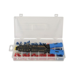 Assortiment de consommable - 270 pièces
Inclut une pince à sertir de 230mm avec 5 styles de sertissage - approuvé TUV/GS
Inclut 200 x cosses isolées, 50 colliers lanières et 20 lanières de raccord
Fourni dans une boite plastique de rangement.