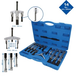 Coffret extracteur universel, 14 pièces
Jeu de 14 pcs
Pour extraire les paliers intérieurs, les paliers extérieurs et les roulements à billes, etc.
Utilisable en tant qu’extracteur à prise intérieure et extérieure
Profondeur d’extraction jusqu’à environ 10, 21 et 26 cm
Bras d’extraction adaptées pour traverses 2 et 3 bras
2 broches env. 16,5 cm et 28 cm avec filetage fin

Le jeu d’extracteurs universels BRILLIANT TOOLS BT631000 fait partie de l’équipement de base de n’importe quel atelier. Il peut être exploité comme extracteur à 2 ou à 3 bras, et il peut être utilisé avec des bras d’extraction de différentes longueurs. Les crochets sont extra-fins et robustes. Le jeu est livré dans une mallette en plastique ; tous les accessoires restent donc à leur place.