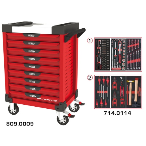 Servante ULTIMATE rouge 9 tiroirs équipée de 114 outils