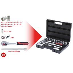 6 pans
Système FlankTraction
Finition satinée
Chrome Vanadium
Coffret robuste en matière plastique