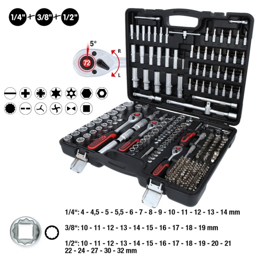Coffret de douilles 1/4'' + 3/8'' +1/2'' 255 pcs