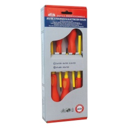 Jeu de 5 tournevis électricien
Garantie totale Drakkar 
Composition: 3 électriciens plats:
-3x100 - 4x100- 5,5x125
2 cruciformes Phillips:
-PH1x80 - PH2x100