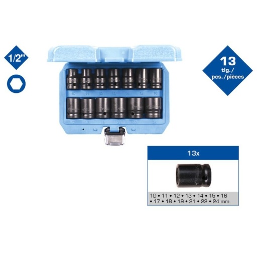 Jeu de douilles à chocs courtes 1/2'' 6 pans 13 pcs