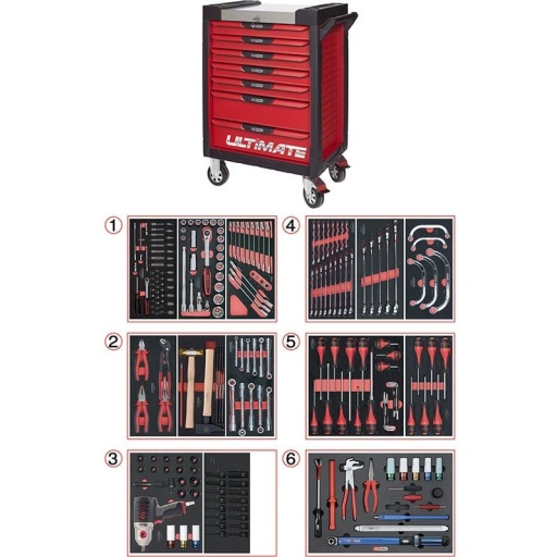 Servante Ultimate rouge 7 tiroirs avec composition mécanique auto 231 outils 