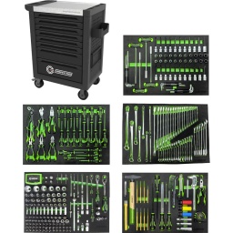 SERVANTE D&rsquo;ATELIER 8 TIROIRS 341 OUTILS
Composition de modules id&eacute;ale pour usage universel
Rangement ordonn&eacute; des outils gr&acirc;ce aux emplacements pr&eacute;cis
Tr&egrave;s grande stabilit&eacute;
Parois lat&eacute;rales avec per&ccedil;ages pour accrocher divers accessoires
Syst&egrave;me de fermeture centralis&eacute;e par serrure
dimensions tiroirs 572x400x52mm
Composition 5 tiroirs :
T1 :
1/4&ldquo;: 4 - 5 - 5,5 - 6 - 7 - 8 - 9 - 10 - 11 - 12 - 13 mm
1/4&ldquo;: 5 - 5,5 - 6 - 7 - 8 - 9 - 10 - 11 - 12 - 13 - 14 mm
1/4&ldquo;: E4 - E5 - E6 - E7 - E8 - E10 - E11
3/8&ldquo;: 6 - 7 - 8 - 9 - 10 - 11 - 12 - 13 - 14 - 15 - 16-17 - 18 - 19 mm
3/8&ldquo;: E12 - E14 - E16 - E18 - E20(1/2)
1/2&ldquo;douilles 12 pans:8-9-10-11-12-13-14- 15 - 16 - 17 - 18-19 - 21 - 22 - 24 - 27 - 30 - 32 mm
40 douilles 1/4 vissage torx, cruci, plats, hexa
3 cliquets 1/4 3/8 1/2
1 poign&eacute;e 1/4

T2 :
tv plats 3 - 4 - 5,5 - 6,5 mm
Cruciformes PH0 - PH1 - PH2 - PH3
tv torx : T6-T7-T8-T9-T10-T15-T20-T25-T27-T30
6 pinces

T3
Cl&eacute; mixte: 6 - 7 - 8 - 9 - 10 - 11 - 12 - 13 - 14 - 15 - 16 - 17 -18 - 19 - 20 - 21 - 22 - 23 - 24 - 27 mm
Cl&eacute; contre coud&eacute;e : 6x7-8x9-10x11-12x13-14x15-16x17-18x19-20x22mm
Cl&eacute; mixte cliquet : 8 - 9 - 10 - 11 - 12 - 13 - 14 - 15 - 16 - 17 - 18 - 19 mm
Mini cl&eacute; mixte :10 - 11 - 12 - 13 - 14 - 15 - 16 - 17 - 18 - 19 mm

T4
Douille m&acirc;le 6 pans 1/2 longue et courte : 5 - 6 - 7 - 8 - 10 - 12 - 14 - 17 mm 
Douille xzn 1/2 longue et courte :  M5 - M6 - M8 - M10 - M12 - M14
Douille torx 1/2 longue et courte :  T20 - T25 - T27 - T30 - T40 - T45 - T50 - T55 

T5 
Martellerie multi outils
