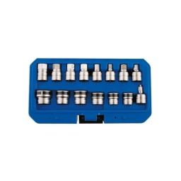 Jeu d'embout et douilles magnétiques pour bouchon de vidange - 3/8" Jeu d'embout et douilles magnétiques pour bouchon de vidange - 3/8" Fabrication en Chrome molybdène L'aimant est puissant et permet d'éviter la perte du bouchon de vidange dans l'huile Taille : Embout en 6 pans de 8/10/12/13/14/17mm, embout carré de 8 et 10mm, embout Torx T45 et douilles de 13/14/17/18/19/21mm Emballé dans une bote moulée - outil professionnel