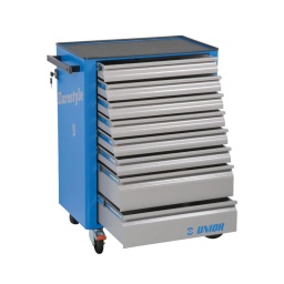 Servante eurostyle 9 - 940e9
système de verrouillage centralise
 2 roues directionnelles dont une avec frein et 2 roues fixes
 tiroirs coulissants avec glissieres sur roulement
 tiroirs recouverts de feutrine
 possibilité d'ajouter des accessoires et des modules d'outillage unior
  laquée au cadmiumm element anti-corrosion. et avec des couleurs qui ne contiennent pas de plomb
 8 tiroirs : 6 de dimm l585xp405xp75mm et 2 de dimm l585xp405xh155mm  charge statique : 400kg (1600kg sans roue)
 capacité de charge des tiroirs : 40 kg
 tole d'acier perforee
