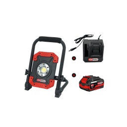 Projecteur LED de chantier sur batterie avec batterie 18V 4Ah et chargeur rapide
Projecteur puissant 3000 lumens doté de 2 intensités d'éclairage
S'utilise avec une batterie d'outillage électroportatif (1 batterie 18V 4 Ah-incluse)
Idéalement transportable grâce à son support pliable avec poignées en mousse
Chargeur rapide simple inclus
Plus d’information
Attribut de fonction 1 : Pliable
Dimensions :205 x 57 x 275 mm (plié)
Flux lumineux (lumen) :	3000/1500 Lumens
Matière :	Plastique ABS + aluminium + fer
Puissance en Watt :	30 W
Pièces dans le set :3 pièces
Indice de résistance aux chocs :IK07
Poids :	2,19 kg