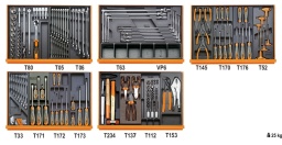 Composition de 153 outils pour la réparation automobile en plateaux thermoformés rigides en ABS
920ME	douilles tournevis pour vis 6 pans creux carré femelle 1/2"  5 - 6 - 8 - 10 - 12 mm	
920/21	rallonge - 1/2" 125 mm	
920/22	rallonge - 1/2" 255 mm	
920/25	cardan 1/2"	
920/42	poignée coulissante 1/2"	
920/55	cliquet réversible 1/2" 	
920A	douilles 6 pans avec carré conducteur femelle 1/2"  10÷24 - 26 - 27 - 30 - 32 mm	
42	clés mixtes 6÷21 mm	
42	clés mixtes 22 - 24 - 27 - 30 - 32 mm	
952	clés à béquille à cardan  7 - 8 - 10 - 12 - 13 - 14 - 17 - 19 mm	
VP6	bac de rangement	
1032	pinces pour circlips intérieurs à becs droits 180 mm	
1034	pinces pour circlips intérieurs à becs coudés 170 mm	
1036	pinces pour circlips extérieurs à becs droits 175 mm	
1038	pinces pour circlips extérieurs à becs coudés 175 mm	
1290	tournevis pour vis Phillips® 2,5x50 - 3x75 - 3,5x100 - 4x125 - 5,5x100 - 5,5x150 - 6,5x150 mm	
1297TX	tournevis pour vis Torx® T25 - T27 - T30 - T40 - T45	
96T	clés mâles 6 pans à poignée en T 2 - 2,5 - 3 - 4 - 5 - 6 mm	
55	clés à fourches 6x7 - 8x9 - 10x11 - 12x13 - 14x15 - 16x17 18x19 - 20x22 mm	
96N/SC9	clés mâles 6 pans coudées 1,5 - 2 - 2,5 - 3 - 4 - 5 - 6 - 8 - 10 mm	
1290	tournevis pour vis Phillips® 8x150 - 8x200 - 10x200 mm	
1290N	tournevis à lame courte pour vis à fente  4x30 - 6,5x30 mm	
1292	tournevis pour vis Phillips® PH0x60 - PH0x100 - PH1x80 - PH1x120 - PH2x100 - PH2x150 mm	
1292	tournevis pour vis Phillips® PH3x150 - PH4x200 mm	
1292N	tournevis à lame courte pour vis Phillips PH1x30 - PH2x30 mm	
35	burins nervurés 100 - 200 mm	
1370	marteau de mécanicien 300 g	
1390	maillet à embouts nylon, manche en bois Ø 35 mm	
1150BM	pince à becs demi-ronds longs 180 mm
1166BM	Pince à becs demi-ronds longs 160 mm
1084BM	Pince coupante diagonale à faible effort de coupe 160 mm	
861TX	embouts de visseuse pour vis à empreinte Torx® T6÷T15	
866TX	embouts de visseuse pour vis à empreinte Torx® T20÷T55	
895/1	douille porte-embouts	
895/6	douille porte-embouts	
900FTX	douilles pour écrous à empreinte Torx®, 1/4" E4÷E10	
920FTX	douilles pour écrous à empreinte Torx®, 1/2" E12÷E24	
920TX	douilles tournevis pour vis à empreinte Torx® T55L - T60 - T70L	
1048N	Pince multiprise entrepassée 250 mm	
1052	pince - étau à becs droits 240 mm