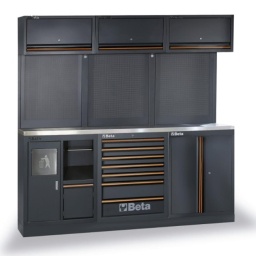Combinaison d'ameublement d'atelier C45PRO 2.0
Combinaison comprenant les éléments suivants :
1 Plan de travail en MDF revêtu d'acier inoxydable, dimensions 2040 x 615 mm (C45PRO 2.0 PXE/3-2.0MT)
1 Module fixe de propreté (C45PRO 2.0 MS)
Module fixe avec 7 tiroirs (C45PRO 2.0 M7)
Module fixe à 2 portes (C45PRO 2.0 MA)
3 meubles hauts muraux (C45PRO 2.0 PM)
3 panneaux porte-outils perforés (C45PRO 2.0 PF)
2 étriers, type large (C45PRO 2.0 SL)
2 étriers, type étroit (C45PRO 2.0 SS)