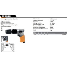 Perceuse réversible corp alu
• Legere et maniable
• Inverseur de rotation à levier
• Échappement de l'air par la poignée
Vitesse à vide	1.800 tours/min
Capacité mandrin	1÷10 mm
Puissance	0,25 kW
Filetage de la broche	3/8” - 24UNF
Filetage d'arrivée d'air	1/4" GAS
Pression d'utilisation	6,3 bar
Ø intérieur du tuyau d'air	10 mm
Consommation d'air moyenne	170 l/min
Poids	1.0 kg