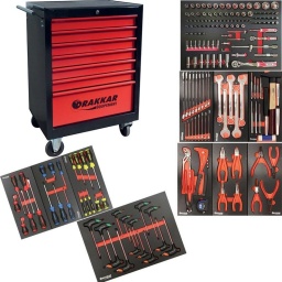 Servante vide réf.09231 :
Plan de travail recouvert d'un tapis mousse.
Tiroirs montés sur roulements à billes.
Fermeture centralisée des tiroirs.
Dimensions intérieures des tiroirs : 565x400mm.
Charge maxi par tiroir : - petit 15kg - grand 30kg.
4 roues 120mm : 2 fixes - 2 pivotantes (1 avec frein).
TIROIR 1 :
Module réf.84271 (110pcs)
•110 douilles ¼ ½
TIROIR 2 :
Module réf.84255 (6pcs)
6 tournevis mécaniciens (5,5x150-6,5x150-8x150-10x200-4x38-5,5x38)
Module réf.84261 (6pcs)
6 tournevis Pozidriv® (PZ1x38-PZ2x38-PZ0x75-PZ1x100-PZ2x125-PZ3x150)
Module réf.84257 (9pcs)
9 tournevis Phillips® (PH0x75-PH1x100-PH2x125-PH3x150-PH1x38-PH2x38-PH00x50-PH0x50-PH1x50)
TIROIR 3 :
Module réf.09878 (4pcs)
1 tenaille russe 225mm réf.12547
1 pince à riveter réf.12589
1 pince multiprise 250mm réf.13700
1 mètre ruban 3mx16mm réf.14360
Module réf.09877 (4pcs)
1 pince universelle 180mm réf.13733
1 pince droite bec ½ rond 160mm réf.13735
1 pince coudée bec ½ rond 160mm réf.13739
1 pince coupante réf.13743
Module réf.09876 (4pcs)
1 pince circlip droite extérieur réf.12533
1 pince circlip coudée extérieur réf.12537
1 pince circlip droite intérieur réf.12531
1 pince circlip coudée intérieur réf.12535
TIROIR 4 :
Module réf.09872 (17pcs)
17 clés mixtes (6 à 22mm)
Module réf.09871 (5pcs)
5 clés mixtes (23 à 27mm)
Module réf.09881 (11pcs)
1 marteau rivoir réf.12716
1 maillet manche bois réf.89027
6 chasse-goupilles réf.13537
1 burin mécanicien 21x150mm réf.13551
1 pointeau 4x10x120mm réf.13564
1 burin plat 18x125mm réf.13593
TIROIR 5 :
Module réf.84265 (14pcs)
7 tournevis avec poignée en T Hex
7 tournevis avec poignée en T Torx®
