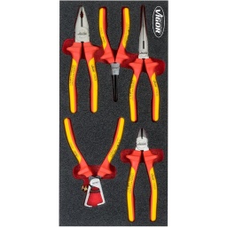 Module pinces isolées 5 pièces
- Coupante 160mm, mécanicien 180mm, bec long 160 et 200mm, pince à dénuder 160mm
- Dimension 188x393mm