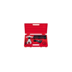Composition d'appareils à collets 
- cône excentrique
- possibilité d'entrainement par cliquet

composition:
- 1 outil à collet avec pointe excentrique 
- 1 matrice pour tube 1/8"-3/16"-1/4"-5/16"-3/8"-1/2"-5/8"-3/4''
- 1 matrice métrique 6-8-10-12-14-16-19mm - 1 coupe tube 4-28mm - 1 adaptateur 5/16"-3/8"
