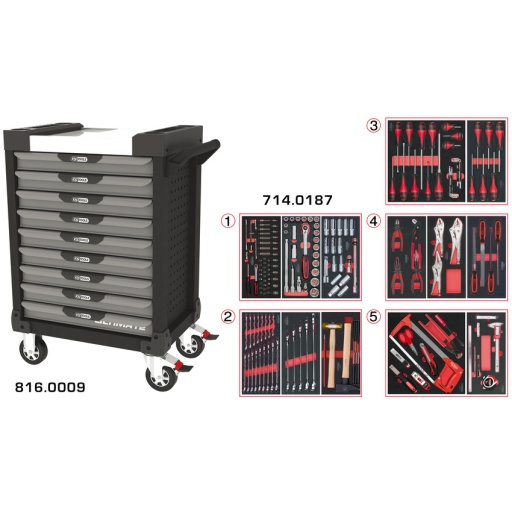 Servante ULTIMATE grise et noire 9 tiroirs équipée de 187 outils