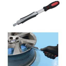 Outil robuste pour valve de pneu conçu pour tirer rapidement, facilement et correctement les tiges de valve de type Schrader (pour automobile) dans une jante. La tête pivotante se visse dans la section filetée de la valve et la poignée est ensuite utilisée comme levier pour tirer la valve dans le trou de la jante, la mettre en place correctement et garantir l'absence de fuites d'air. La poignée à prise confortable comporte également une protection de jante en caoutchouc thermoplastique pour éviter d'endommager le bord externe de la jante.

Tire les tiges de valve de pneu dans la jante.
Longueur : 280 mm.
Tête pivotante à 180°.
Poignée à prise confortable pour faciliter l'utilisation.
Protection de jante en caoutchouc thermoplastique (TPR) pour éviter d'endommager les jantes en alliage.