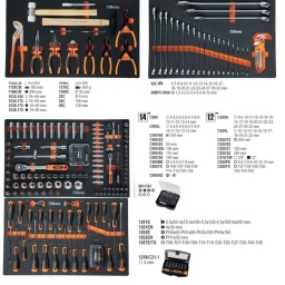 Tiroir 1
Douille 1/4 :
C900 4-4,5-5-5,5-6-7-8-9-10-11-12-13-14mm
C900L 4-4,5-5-5,5-6-7-8-9-10-11-12-13-14mm
2 rallonges 50 et 100mm
Carré coulissant
1 cardan
1 cliquet 
1 tournevis 1/4
Douilles mâles 3-4-5-6-7-8mm
Douilles mâles Torx : T06-T07-T08-T09-T10-T15-T20-T25
Douille 1/2 :
C920A 8-9-10-11-12-13-14-15-16-17-18-19-20-21-22-23-24-27-30-32mm
C920L 10-12-13-14-15-16-17-18-19-21-22 mm
1 cliquet
2 rallonges 125 - 250mm
1 cardan
1 bague coulissante 3/8 1/2
Douilles mâles : 5-6-7-8-9-10-12-14 mm
Douilles mâles Torx :T27-T30-T40-T45-T50-T55-T60
Coffret embout 1/4
Tiroir 2
Clé mixte 42c 6-7-8-9-10-11-12-13-14-15-16-17-18-19-20-21-22-23-24-27-30-32mm
96BPC/SC9 1,5-2-2,5-3-4-5-6-8-10mm
Tiroir 3
1 marteau 500gr
1 maillet 35mm
1 chasse 4mm
1 burin 150mm
1 outil de fraffe 125mm
4 pinces circlips 19-60mm long 170mm int ext droite et coudée
1 pince coupante
1 pince meca
1 pince droite
1 pince multiprise 250mm.
Tiroir 4
1201 2,5x50-3x75-4x100-5,5x125-6,5x150-8x200 mm
1201N 4x30 mm
1202 PH0x60-PH1x80-PH2x100-PH3x150
1202N PH1x30 mm
1207TX  T06-T07-T08-T09-T10-T15-T20-T25-T27-T30-T40-T45
1256/C36 coffret micro embouts