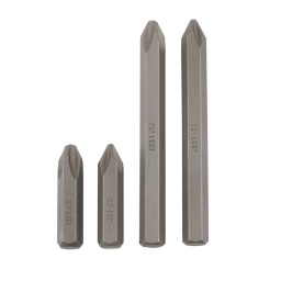 Embouts JIS à impact avec tige de 5/16". Tailles : JIS PH2 x 36 mm, JIS PH2 x 80 mm, JIS PH3 x 36 mm, JIS PH3 x 80 mm. Conception pour utilisation sur les fixations JIS (Japanese Industrial Standard) présentes sur les motos et les équipements japonais et pour lesquelles l'utilisation d'embouts à la norme PH (Phillips) entraînerait des dommages. Ces embouts spéciaux peuvent être utilisés avec les tournevis à impact Laser suivants : n° de référence Laser 5735, 0596, 0303 et 3456.
 Embouts en matériau S2 avec fini au phosphate de zinc. En raison de la nature de l'application, ces embouts sont considérés comme des consommables. 