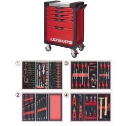 Servante d'atelier 7 tiroirs Ultimate
- Composition 241 outils pour maintenance générale
Tiroir 1 : Douille 1/4 - douille 1/2 - douille torx femelle et embouts 10mm torx, allen, xzn
Tiroir 2: clés mixtes, module de rangement
Tiroir 3: tournevis plat, cruciforme, torx
Tiroir 4: pinces, pinces circlips, martellerie
Servante d'atelier kstools. série ultimate. est le modèle de desserte d'atelier. le plus haut de gamme  de la marque. ks tools. 
les tiroirs de la servante d'atelier ultimate, possedent un système de glissière à roulements à billes (résistance 45kg). Equipé du système "one by one"., ouverture d'un seul tiroir a la fois, vous pouvez deplacer votre servante d'atelier sans forcement l'a fermer a clé !
Les tiroirs de cette servante ont une grande capacité. 40cm de profondeur par 57cm de largeur, tout les tiroirs de cette servante d'atelier sont fournis avec un tapis mousse, a installer au fond. 
Le plan de travail des servantes d'atelier Ultimate est recouvert d'un plateau inox et de boitier "range visserie" sur les cotés,
Au niveau du chassis, les pans de cette servante d'atelier sont perfores, se qui vous permet l'instalation de nombreuses options. tel que. un dérouleur de papier, des crochets de fixations...
Cette gamme  de servante d'atelier repond parfaitement au rangement pour le mécanicien, carrossier, mais aussi pour les métiers de l'industrie (rangement d'outils de tours / fraiseuse...) ainsi que des domaines tel que le medical. l'aéronotique...
- construction a pans coupés renforçant la structure du bati
- système "one by one" antibasculement 
- panneau lateral déporté et pré-percé pour fixation de crochet et accessoires
- 2 roues fixes grand diamètre pour une meilleure stabilite et un déplacement aise sur tous types de sols
- 2 roues pivotantes avec système de freinage total
- plan de travail avec rangements et recouvert inox
- tiroirs sur glissieres à billes extra-resistant (45 kg par tiroir)
- tiroirs à ouverture totale
- fermeture totale et simultanee des tiroirs par serrure 
- poignée tubulaire de manutention
- finition "Ultimate"
Composition :
Module 54 pièces douilles et accessoires 1/4’’ ref : 713.1020 
- Cliquet réversible 72 dents
- 1x Poignée emmanchée 1/4’’
- 2x Rallonges 1/4’’ : L. 50 mm et L. 100 mm
- 1x Rallonge flexible : L. 150 mm
- 1x Poignée coulissante T : L. 115 mm
- 1x Cardan universel 1/4"
- 13x Douilles 1/4’’ : 4 - 4,5 - 5 - 5,5 - 6 - 7 - 8 - 9 - 10 - 11 - 12 - 13 - 14 mm
- 8x Douille longue 1/4" : 6 - 7 - 8 - 9 - 10 - 11 - 12 - 13
- 1x Porte embout 1/4" 
- 3x Embouts de vissage Fente 4 - 5,5 - 8 mm 
- 3x Embouts de vissage PHILLIPS® PH 1 - PH 2 - PH3 
- 2x Embouts de vissage POZIDRIV® PZ 1 - PZ 2 
- 6x Embouts de vissage 6 pans : 3 - 4 - 5 - 6 - 7 - 8  mm
- 7x Embouts de vissage TORX® profil E T10 - T15 - T20 - T25 - T27 - T30 - T40
​- 4x Embouts de vissage 12 pans : M4 - M5 - M6 - M8 
Module de douilles et accessoires ULTIMATE 1/2'' , 24 pièces ref : 713.1024 
- 1 x Cliquet réversible 72 dents
- 2 x Rallonges : 125 - 250 mm
- 1 x Cadran universel 1/2"
- 1 x Bague coulissante 3/8" x 1/2"
- 17 x Douilles : 10 - 11 - 12 - 13 - 14 - 15 - 16 - 17 - 18 - 19 - 20 - 21 - 22 - 24 - 27 - 30 - 32 mm
- 2 x Douilles longues : 16 - 21 mm
Module d'embouts de vissage et douilles TORX, 88 pièces ref : 713.5010 
- 5 x Douilles TORX 1/4" : E4 - E5 - E6 - E7 - E8
- 4 x Douilles TORX 3/8" : E10 - E11 - E12 - E14
- 3 x Douilles TORX 1/2" : E16 - E18 - E20
- 1 x Douille porte-embouts 1/4" x 1/4"
- 2 x Douilles porte-embouts : 3/8" - 10 mm et 1/2" - 10 mm
- 1 x Rallonge : 30 mm
- 3 x Embouts de vissage Fente : 25 mm x (5,5 - 6,5 - 8,0 mm)
- 3 x Embouts de vissage PHILLIPS : 25 mm x (PH1 - PH2 - PH3)
- 6 x Embouts de vissage PROZIDRIV : 25 mm x (PZ1 - 2 x PZ2 - 3 x PZ3)
- 3 x Embouts de vissage 6 pans : 25 mm x (4 - 5 - 6 mm)
- 15 x Embouts de vissage TORX percé : 25 mm x (2 x T10 - 3 x T15 - 2 x T20 - 3 x T25 - 3 x T30 - 2 x T40)
- 2 x Embouts de vissage Fente : 30 mm x (8 - 10 mm)
- 2 x Embouts de vissage PHILLIPS : 30 mm x (PH2 - PH3)
- 7 x Embouts de vissage 6 pans : 30 mm x (4 - 5 - 6 - 7 - 8 - 10 - 12 mm)
- 9 x Embouts de vissage TORX percé : 30 mm x (T20 - T25 - T27 - T30 - T40 - T45 - T50 - T55 - T60)
- 5 x Embouts de vissage 12 pans : 30 mm (M5 - bM6 - M10 - M12)
- 5 x Embouts longs 6 pans : 75 mm x (5 - 6 - 7 - 8 - 10 mm)
- 8 x Embouts longs TORX percé : 75 mm x (T20 - T25 - T27 - T30 - T40 - T50 - T55 - T60)
- 4 x Embouts longs 12 pans : 75 mm x (M6 - M8 - M10 - M12)
Module de clés mixtes ULTIMATE, 17 pièces ref : 713.2017   
- 17 x Clés mixtes : 6 - 7 - 8 - 9 - 10 - 11 - 12 - 13 - 14 - 15 - 16 - 17 - 18 - 19 - 20 - 21 - 22 mm
Module de clés mixtes ULTIMATE, 5 pièces ref : 713.2015 
- 5 x Clés mixtes : 24 - 27 - 29 - 30 - 32 mm
Module vide 1/3 - 1 compartiment ref : 713.1300 
Module de vissage, 28 pièces ref : 712.5028 
- 1 x Tournevis ULTIMATE tom pouce Fente : 6,5 mm
- 3 x Tournevis ULTIMATE Fente : 3,5 - 5,5 - 8 mm
- 1 x Tournevis ULTIMATE tom pouce PHILLIPS : PH2
- 3 x Tournevis ULTIMATE PHILLIPS : PH1 - PH2 - PH3
- 1 x Tournevis ULTIMATE tom pouce PROZIDRIV : PZ2
- 3 x Tournevis ULTIMATE PROZIDRIV : PZ1 - PZ2 - PZ3
- 1 x Jeu de clés mâles 6 pans à tête sphérique longues : 2 - 2,5 - 3 - 4 - 5 - 6 - 8 - 10 mm
- 1 x Jeu de clés mâles TORX longues : T10 - T15 - T20 - T25 - T30 - T40 - T45 - T50
Module de tournevis ULTIMATE TORX, 6 pièces ref : 713.5013 
- 6 x Tournevis ULTIMATE TORX : T10 - T15 - T20 - T25 - T30 - T40
Module de pinces, 4 pièces ref : 713.4014 
- 1 x Pince coupante diagonale : L. 160 mm
- 1 x Pince universelle : L. 180 mm
- 1 x Pince à bec demi-rond : L. 200 mm
- 1 x Pince multiprises à verrouillage : L. 250 mm
Module de 6 pinces à Circlips ref : 713.5006  
- 2 x Pinces à joncs extérieur : 10 - 25 mm, 19 - 60 mm
- 1 x Pince extérieur coudée : 16 - 60 mm
- 2 x Pinces intérieur droites : 12 - 25 mm, 19 - 60 mm
- 1 x Pince intérieur coudée : 19 - 60 mm 
Module d'outils de frappe manche bois, 9 pièces ref : 713.1101 
- 1 x Burin de carossier extra-plat : 250 mm
- 6 x Chasse goupilles brunis : 3 - 4 - 5 - 6 - 10 mm
- 1 x Marteau rivoir : 600g
- 1 x Maillet à embouts plastique interchangeables : 340g
- poids 57kg
- dimension hors tout : l678xl459xh859 (hauteur avec roues 1035mm 
- roue dia 125mm larg 50mm 