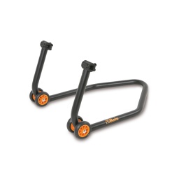 Béquille arrière réglable pour motos (seule)
o peinture noire mate
o porte-curseur en polyamide
o 4 roues en caoutchouc thermoplastique
o attention vendue sans curseur et sans cliquet
o option disponible curseur en v ou l ou cliquet alu 
- qualité premium beta depuis 1939