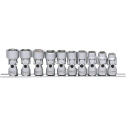 6 pans
Système FlankTraction
Carré d'entraînement intérieur selon DIN 3120 / ISO 1174-1 avec encoche pour verrouillage par bille
Cardans vissés
Pour une utilisation manuelle
Finition satinée
Chrome Vanadium
Comprend un rail de rangement