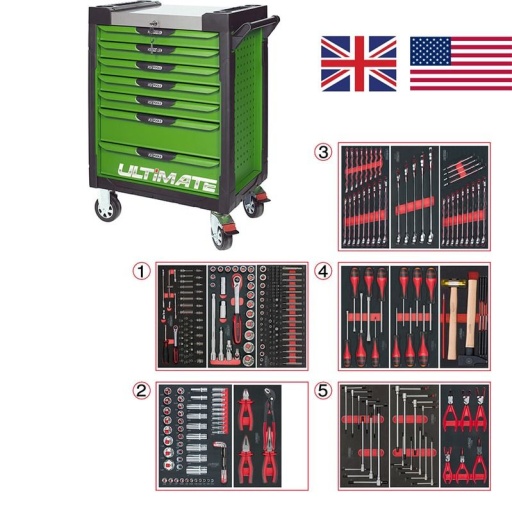 Servante Ultimate verte 7 tiroirs avec composition 311 outils cote en pouce