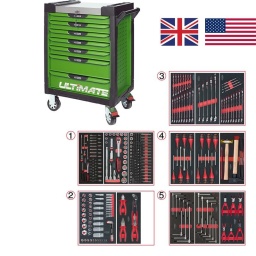 Servante d'atelier 7 tiroirs Ultimate
- Composition 311 outils; outillage idéal pour aviation, moto et auto anglaise et américaine
Tiroir 1 : Douille 1/4 - douille 1/2 - douille torx femelle et embouts 10mm torx, allen, xzn
Tiroir 2: douille cote en pouce, et cle allen en pouce, pinces
Tiroir 3: clés mixtes métrique et cote en pouce
Tiroir 4: tournevis plat cruciforme, martellerie
Trioir 5: cle allen en T , cle torx en T, pince circlips
Servante d'atelier kstools. série ultimate. est le modèle de desserte d'atelier. le plus haut de gamme  de la marque. ks tools. 
les tiroirs de la servante d'atelier ultimate, possedent un système de glissière à roulements à billes (résistance 45kg). Equipé du système "one by one"., ouverture d'un seul tiroir a la fois, vous pouvez deplacer votre servante d'atelier sans forcement l'a fermer a clé !
Les tiroirs de cette servante ont une grande capacité. 40cm de profondeur par 57cm de largeur, tout les tiroirs de cette servante d'atelier sont fournis avec un tapis mousse, a installer au fond. 
Le plan de travail des servantes d'atelier Ultimate est recouvert d'un plateau inox et de boitier "range visserie" sur les cotés,
Au niveau du chassis, les pans de cette servante d'atelier sont perfores, se qui vous permet l'instalation de nombreuses options. tel que. un dérouleur de papier, des crochets de fixations...
Cette gamme  de servante d'atelier repond parfaitement au rangement pour le mécanicien, carrossier, mais aussi pour les métiers de l'industrie (rangement d'outils de tours / fraiseuse...) ainsi que des domaines tel que le medical. l'aéronotique...
- construction a pans coupés renforçant la structure du bati
- système "one by one" antibasculement 
- panneau lateral déporté et pré-percé pour fixation de crochet et accessoires
- 2 roues fixes grand diamètre pour une meilleure stabilite et un déplacement aise sur tous types de sols
- 2 roues pivotantes avec système de freinage total
- plan de travail avec rangements et recouvert inox
- tiroirs sur glissieres à billes extra-resistant (45 kg par tiroir)
- tiroirs à ouverture totale
- fermeture totale et simultanee des tiroirs par serrure 
- poignée tubulaire de manutention
- finition "Ultimate"
Composition :
Module 54 pièces douilles et accessoires 1/4’’ ref : 713.1020     
- Cliquet réversible 72 dents
- 1x Poignée emmanchée 1/4’’
- 2x Rallonges 1/4’’ : L. 50 mm et L. 100 mm
- 1x Rallonge flexible : L. 150 mm
- 1x Poignée coulissante T : L. 115 mm
- 1x Cardan universel 1/4"
- 13x Douilles 1/4’’ : 4 - 4,5 - 5 - 5,5 - 6 - 7 - 8 - 9 - 10 - 11 - 12 - 13 - 14 mm
- 8x Douille longue 1/4" : 6 - 7 - 8 - 9 - 10 - 11 - 12 - 13
- 1x Porte embout 1/4" 
- 3x Embouts de vissage Fente 4 - 5,5 - 8 mm 
- 3x Embouts de vissage PHILLIPS® PH 1 - PH 2 - PH3 
- 2x Embouts de vissage POZIDRIV® PZ 1 - PZ 2 
- 6x Embouts de vissage 6 pans : 3 - 4 - 5 - 6 - 7 - 8  mm
- 7x Embouts de vissage TORX® profil E T10 - T15 - T20 - T25 - T27 - T30 - T40
​- 4x Embouts de vissage 12 pans : M4 - M5 - M6 - M8
Module de douilles et accessoires ULTIMATE 1/2'' , 24 pièces ref : 713.1024  
- 1 x Cliquet réversible 72 dents
- 2 x Rallonges : 125 - 250 mm
- 1 x Cadran universel 1/2"
- 1 x Bague coulissante 3/8" x 1/2"
- 17 x Douilles : 10 - 11 - 12 - 13 - 14 - 15 - 16 - 17 - 18 - 19 - 20 - 21 - 22 - 24 - 27 - 30 - 32 mm
- 2 x Douilles longues : 16 - 21 mm
Module d'embouts de vissage et douilles TORX, 88 pièces ref : 713.5010
- 5 x Douilles TORX 1/4" : E4 - E5 - E6 - E7 - E8
- 4 x Douilles TORX 3/8" : E10 - E11 - E12 - E14
- 3 x Douilles TORX 1/2" : E16 - E18 - E20
- 1 x Douille porte-embouts 1/4" x 1/4"
- 2 x Douilles porte-embouts : 3/8" - 10 mm et 1/2" - 10 mm
- 1 x Rallonge : 30 mm
- 3 x Embouts de vissage Fente : 25 mm x (5,5 - 6,5 - 8,0 mm)
- 3 x Embouts de vissage PHILLIPS : 25 mm x (PH1 - PH2 - PH3)
- 6 x Embouts de vissage PROZIDRIV : 25 mm x (PZ1 - 2 x PZ2 - 3 x PZ3)
- 3 x Embouts de vissage 6 pans : 25 mm x (4 - 5 - 6 mm)
- 15 x Embouts de vissage TORX percé : 25 mm x (2 x T10 - 3 x T15 - 2 x T20 - 3 x T25 - 3 x T30 - 2 x T40)
- 2 x Embouts de vissage Fente : 30 mm x (8 - 10 mm)
- 2 x Embouts de vissage PHILLIPS : 30 mm x (PH2 - PH3)
- 7 x Embouts de vissage 6 pans : 30 mm x (4 - 5 - 6 - 7 - 8 - 10 - 12 mm)
- 9 x Embouts de vissage TORX percé : 30 mm x (T20 - T25 - T27 - T30 - T40 - T45 - T50 - T55 - T60)
- 5 x Embouts de vissage 12 pans : 30 mm (M5 - bM6 - M10 - M12)
- 5 x Embouts longs 6 pans : 75 mm x (5 - 6 - 7 - 8 - 10 mm)
- 8 x Embouts longs TORX percé : 75 mm x (T20 - T25 - T27 - T30 - T40 - T50 - T55 - T60)
- 4 x Embouts longs 12 pans : 75 mm x (M6 - M8 - M10 - M12)
Module de douilles en pouces 1/4'' - 1/2'', 62 pièces ref : 712.1010  
- 1 x Rallonge : 125 mm
- 2 x Rallonges à verrouillage : 75 - 250 mm
- 10 x Douilles : 10 - 11 - 12 - 13 - 15 - 17 - 19 - 22 - 24 - 27 mm
- 4 x Douilles 6 pans : 14 - 16 - 18 - 21 mm
Module de pinces, 4 pièces ref : 713.4014
- 1 x Pince coupante diagonale : L. 160 mm
- 1 x Pince universelle : L. 180 mm
- 1 x Pince à bec demi-rond : L. 200 mm
- 1 x Pince multiprises à verrouillage : L. 250 mm
Module de clés mixtes ULTIMATE, 17 pièces ref : 713.2017
- 17 x Clés mixtes : 6 - 7 - 8 - 9 - 10 - 11 - 12 - 13 - 14 - 15 - 16 - 17 - 18 - 19 - 20 - 21 - 22 mm
Module de clés mixtes ULTIMATE, 5 pièces  ref : 713.2015
- 5 x Clés mixtes : 24 - 27 - 29 - 30 - 32 mm
Module de clés mixtes ULTIMATE en pouces, 13 pièces ref : 713.2016
- 13 x Clés mixtes : 1/4" - 5/16" - 11/32" - 3/8" - 7/16" - 1/2" - 9/16" - 5/8" - 11/16" - 3/4" - 11/16" - 3/4" - 13/16" - 7/8" - 15/16" 
Module de tournevis ULTIMATE Fente - POZIDRIV, 6 pièces ref : 713.5016
- 4 x Tournevis ULTIMATE Fente : 4 - 5,5 - 6,5 - 8 mm
- 2 x Tournevis ULTIMATE PROZIDRIV : PZ1 - PZ2
Module de tournevis ULTIMATE TORX, 6 pièces ref : 713.5013
- 6 x Tournevis ULTIMATE TORX : T10 - T15 - T20 - T25 - T30 - T40
Module d'outils de frappe manche bois, 9 pièces ref : 713.1101 
- 1 x Burin de carossier extra-plat : 250 mm
- 6 x Chasse goupilles brunis : 3 - 4 - 5 - 6 - 10 mm
- 1 x Marteau rivoir : 600g
- 1 x Maillet à embouts plastique interchangeables : 340g 
Module de clés mâles 6 pans à poignée en T, 8 pièces ref : 713.5017
-  8 x Clés mâles 6 pans à poignée en T : 2 - 2,5 - 3 - 4 - 5 - 6 - 8 - 10 mm
Module de clés mâles TORX à poignée en T, 9 pièces ref : 713.5018
- 9 x Clés mâles TORX à poignée en T : T10 - T15 - T20 - T25 - T27 - T30 - T40 - T45 - T50
Module de 6 pinces à Circlips ref : 713.5006
- 2 x Pinces à joncs extérieur : 10 - 25 mm, 19 - 60 mm
- 1 x Pince extérieur coudée : 16 - 60 mm
- 2 x Pinces intérieur droites : 12 - 25 mm, 19 - 60 mm
- 1 x Pince intérieur coudée : 19 - 60 mm
 
- poids 57kg
- dimension hors tout : l678xl459xh859 (hauteur avec roues 1035mm 
- roue dia 125mm larg 50mm 