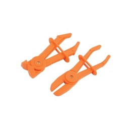 Jeu de pince durite - 2 pcs Jeu de pinces pour durite droite et angulée pour les accès confinés avec barre de maintien et cran de rétention  Fabrication en composite - non conducteur Couleur orange pour éviter de les égarer Ouverture des machoires de 35mm approxmativement Idéal pour une utilisation sur le circuit de freinage, de carburant, de chauffage et de refroidissement