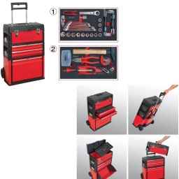 Petite servante à outils transportable . parfaite pour les pit stop
- boite à outils amovible avec bac à outils et couvercle anti-derapant
2 tiroirs equipes
1 bac de grande capacité
Poignée télescopique
fermeture métallique
cadenassable
2 grandes roues robustes
poids : 14.30 kg
composition 77 outils
- nouveau cliquet 1/2'' ultimate extra-plat 72 dents
- pince multiprise
- mètre ruban 5 m x 19 mm - pince universelle
- clés mixtes 8 a 19 mm - tournevis porte-embouts
- douilles 1/2'' 10 a 24 mm et accessoires
- marteau 400 g 
- jeu de 32 embouts de vissage
- clés mâles 6 pans et torx
- en métal et pvc
