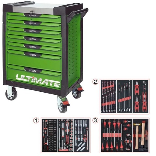 Servante Ultimate verte 7 tiroirs avec composition 158 outils 
