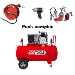 Pack compresseur + outils et accessoires
Compresseur cuve 100 litres 
Monocylindre en fonte sur un étage. pour un meilleur refroidissement et une plus grande longévité
- moteur 3cv
- tension 230v mono
- pression max 10 bars
- Débit 23m3 / h réel 19m3 / h
- Puissance 2.2kw
- Pression 8/10bars
- Vitesse 1350tr/min
- Tension 230v
- Dimensions cuve 1070x385x840mm
- 97 dB
- 69kg
Clé à choc 1/2 810nm
- système de double frappes 
- poignée. matière isolante et absorbante de vibrations
- 128l/min
- 7500tr/min
- poids: 2.6kg
Enrouleur pneumatique automatique 
-Raccords rapide 1/4
Tuyau caoutchoucdiamètre int. 10mm. diamètre ext.17mm
Pression d'utilisation max : 20 bar
Débit d'air max/ 707l/min
Avec 4 rouleaux guide tuyau 
Avec arretoir de tuyu
Bati entièrement métallique. finition peinture époxy
Bras réglable suivant la fixation (mur. sol. plafond)
Support robuste en acier 
Accessoire, mano gonflage, souflette, pistolet peinture, pistolet de nettoyage