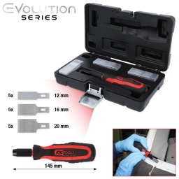 Pour le nettoyage des adh&eacute;sifs, restes de peinture et de colle
Changement de lame simple avec la molette
Coffret de rangement pratique pour les lames
Diff&eacute;rentes lames adapt&eacute;es &agrave; tout type de travail
Grattoir avec poign&eacute;e bi-composant
Avec &agrave; chaque fois 5&nbsp;lames droites de largeur 12, 16 et 20&nbsp;mm
Coffret robuste en mati&egrave;re plastique
