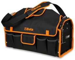 Structure rigide
Double fond. Le fond peut être enlevé pour augmenter la capacité du sac
Manche inclinable pour faciliter l'accès aux outils
Élastiques porte-outils, poches intérieures et extérieures
Doublure de couverture 
Bac de rangement compris dans le double fond
520x220x250 mm - 3,3 kg
30	chasse-clous 2-3 mm	
32	pointeau 4 mm	
34	burins plats 125-150 mm	
36	bédanes 150 mm	
42	clés mixtes 6÷14 - 17 - 19 - 21 - 22 - 24 mm	
96/SC9	clés mâles 6 pans coudées 1,5 - 2 - 2,5 - 3 - 4 - 5 - 6 - 8 - 10 mm	
111E	Clé à molette à ouverture graduée, chromée 250 mm	
1048N	Pince multiprise entrepassée 250 mm	
1082G	pince coupante diagonale, branches gainées avec double couche de PVC antidérapant, finition industrielle 160 mm	
1128BMX	ciseaux d’electricien	
1150G	pince universelle, branches gainées avec double couche de PVC antidérapant, modèle grande capacité, finition industrielle 180 mm	
1166G	pince à becs demi-ronds longs striés, branches gainées avec double couche de PVC antidérapant, finition industrielle 160 mm	
1201E	tournevis pour vis à fente 3x75 - 4x100 - 5,5x100 - 6,5x150 mm	
1202E	tournevis pour vis phillips® PH0x60 - PH1x80 - PH2x100 mm	
1370	marteau de mécanicien 300 g	
1692	mètre à ruban 5 m	
1771	cutter à lame sécable 18 mm avec lames