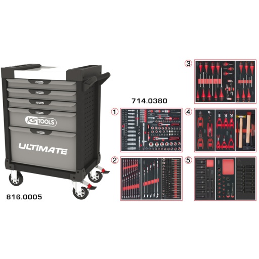 Servante ULTIMATE grise et noire 5 tiroirs équipée de 384 outils