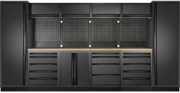 MOBILIO combinaison 6 éléments BLACK4 armoires murales avec vérins à gaz2 armoires hautes avec 4 tablettes chacune1 meuble bas à 2 portes avec tablette2 armoires à tiroirs avec 5 tiroirs chacune1 armoire à tiroirs avec 4 tiroirs4 panneaux perforés pour outils2 plateaux de travail en multiplex dehêtre, ép. 35 mm, 1361 mmDisponible en noir : 3964C-BLK et en gris : 3964CL 3920 × H 2000 × P 488 mm