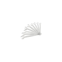 Trousse de clés mixtes 
finition chrome mat
fourche inclinée a 15°
tête polygonale 12 pans
coudée a 15°
9 pièces : 8-9-10-11-12-13-14-17-19