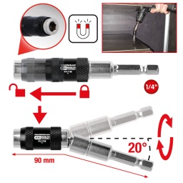 Idéal pour les endroits exigus
Angle de pivotement 20°
Permet un changement et un verrouillage rapide
Pour embouts de vissage 1/4" avec entraînement 6,35 mm mâle selon DIN 3126 / ISO 1173
pour douilles tournevis 1/4" avec carré d'entraînement intérieur d'après DIN 3120 / ISO 1174 avec encoche pour verrouillage par bille
Pour une utilisation manuelle, avec visseuse ou perceuse
Idéal pour une utilisation en atelier et en industrie
Chrome Vanadium