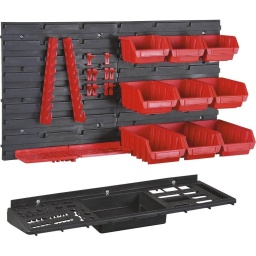 Panneau mural solide avec divers accessoires de rangement pour des outils de différentes tailles.
Accès facile aux outils.

Fourni avec :

- 2 panneaux 350x380mm
- 9 boîtes à bec
- 1 support pour 9 clés
- 5 crochets courts
- 5 crochets longs
- 1 étagère pour forêts et douilles
- 1 étagère pour petits outils
- 1 étagère pour outils 580x200mm.

DIMENSIONS
690x390mm
POIDS 
2,85KG